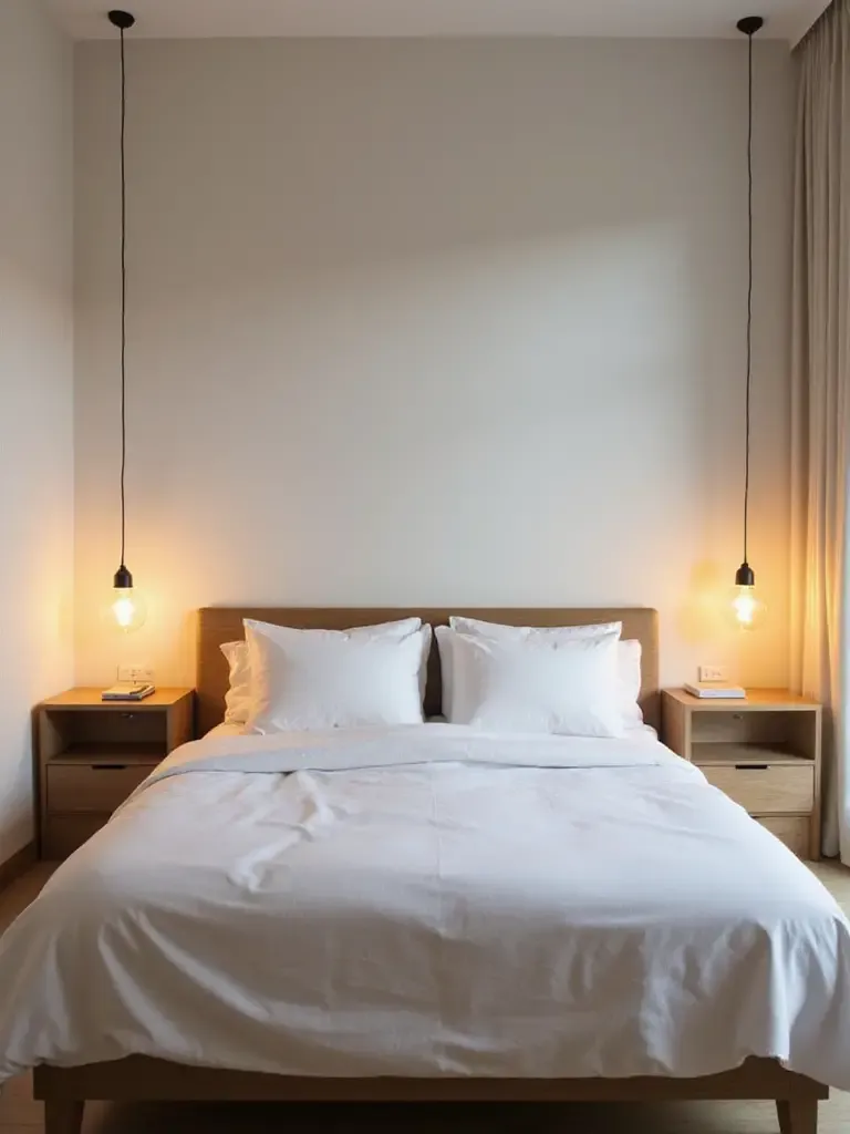 Modern bedroom with globe pendant lights used as bedside lighting.
