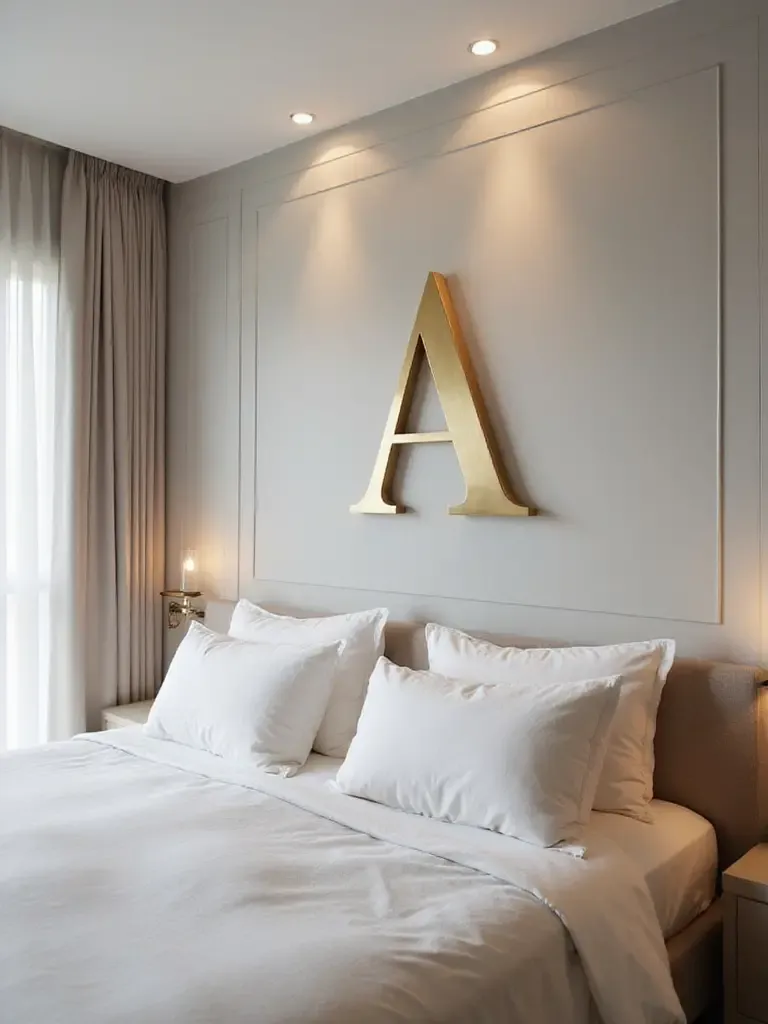 Bedroom wall decor with gold monogram letter above bed.