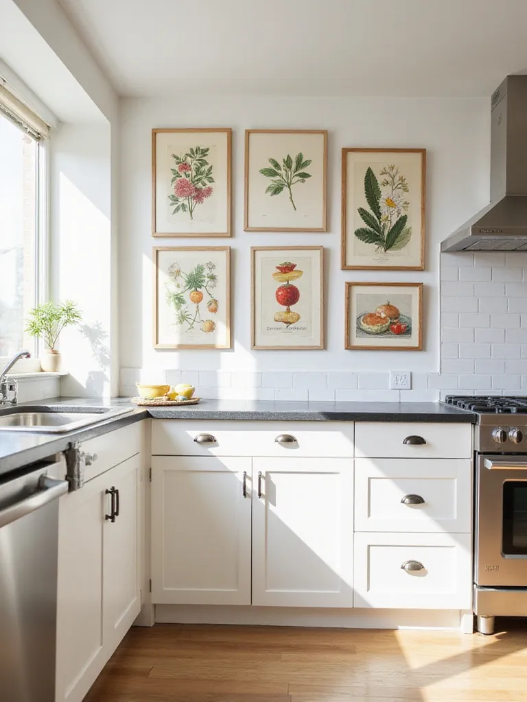 Kitchen gallery wall featuring affordable art prints.