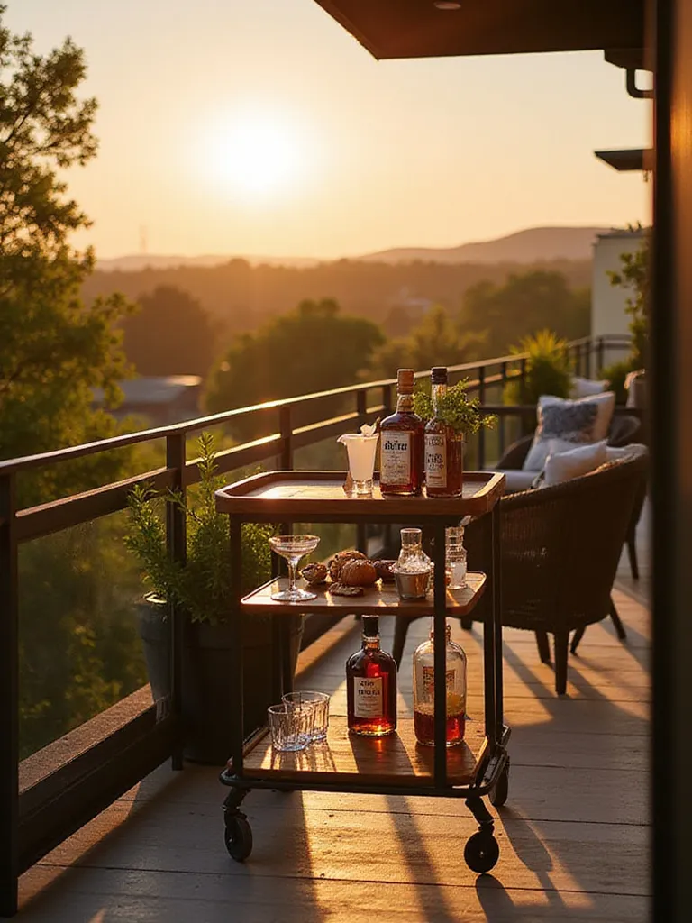 Outdoor bar cart on apartment balcony filled with drinks and barware