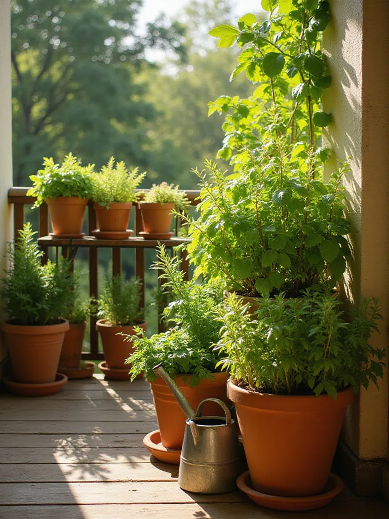 Lush balcony herb garden with various herbs in terracotta pots.