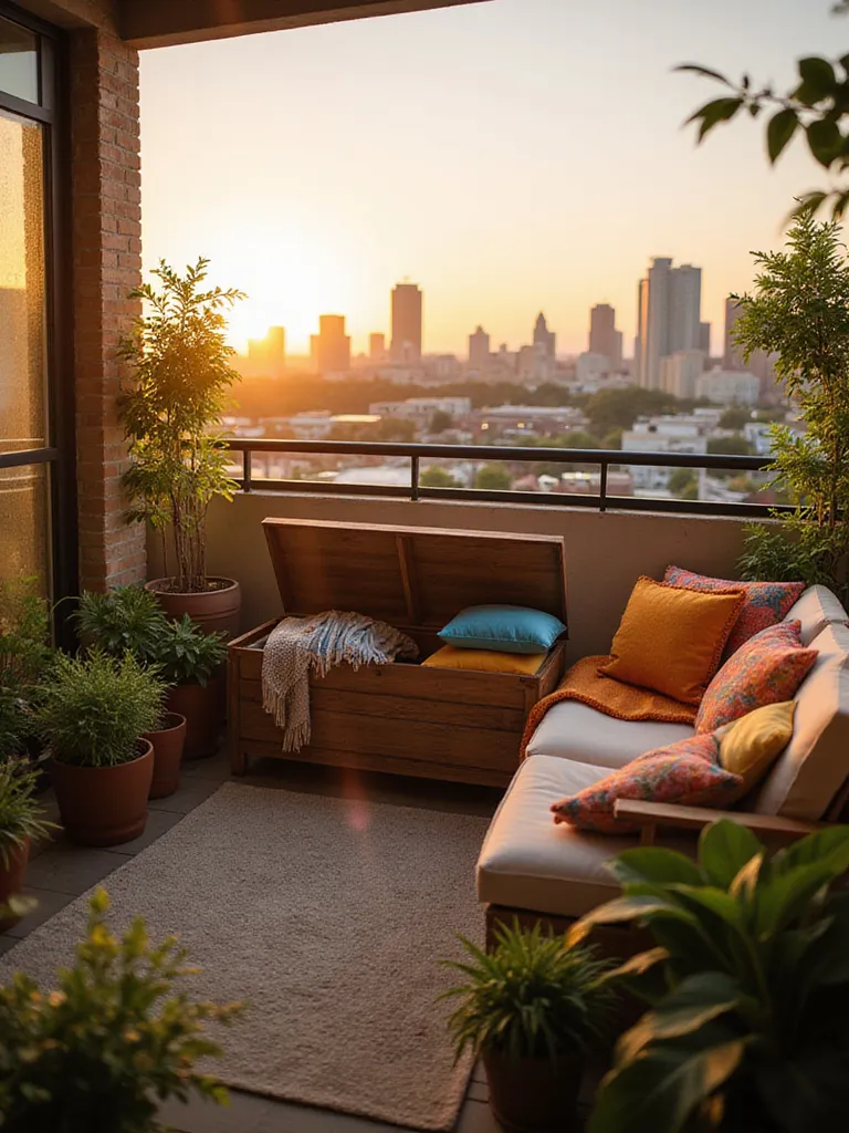 Balcony apartment with wooden storage bench, cushions, plants, and city view