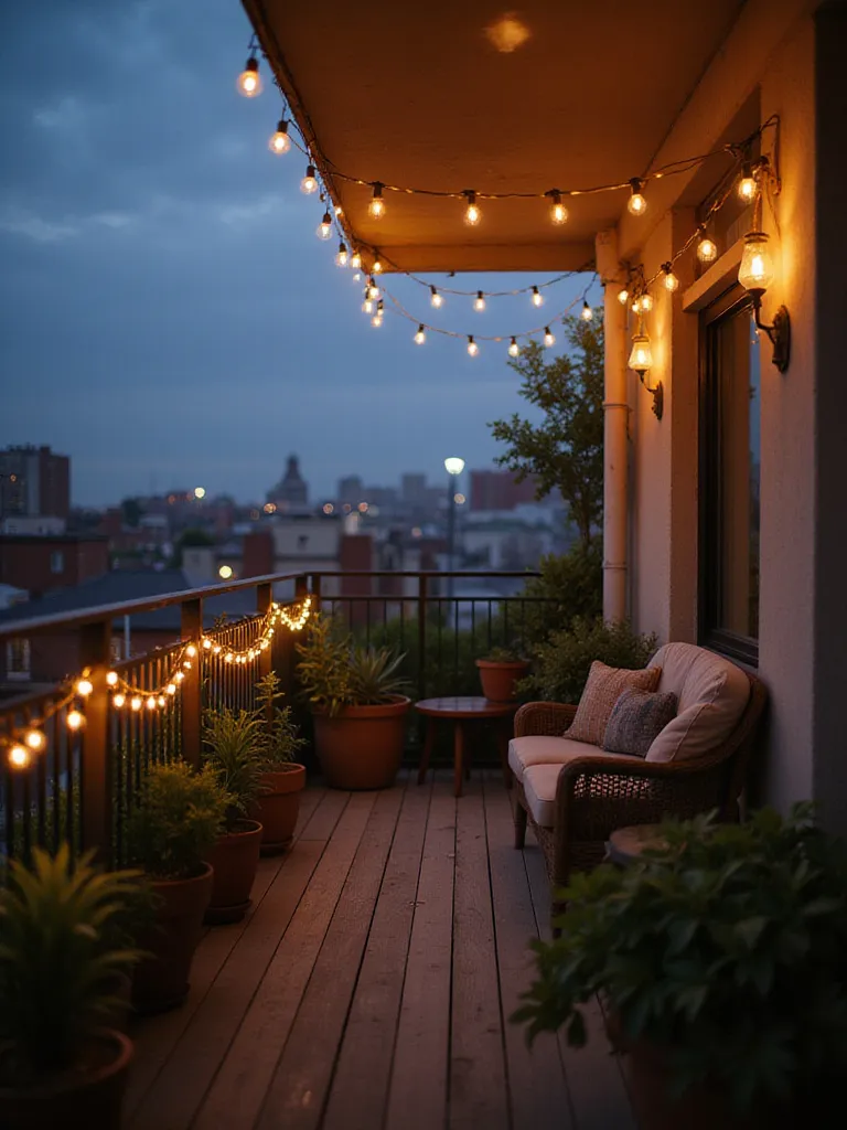 Cozy apartment balcony with string lights creating a relaxing evening atmosphere.