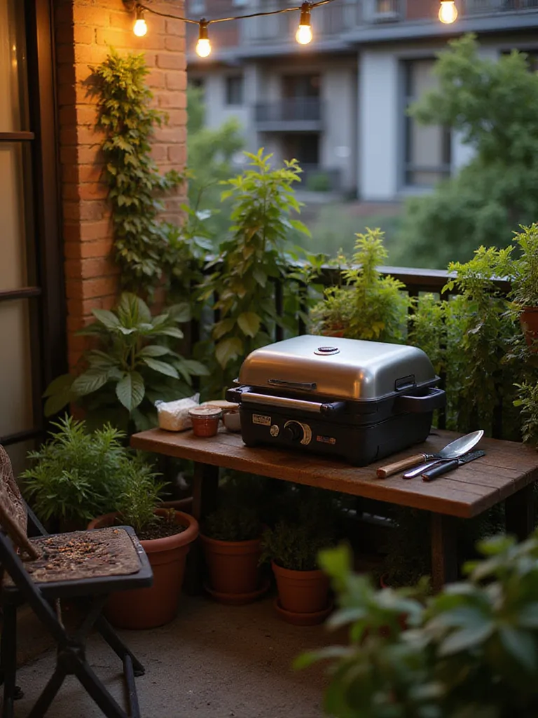 Cozy apartment balcony with a small electric grill, grilling tools, and lush greenery.