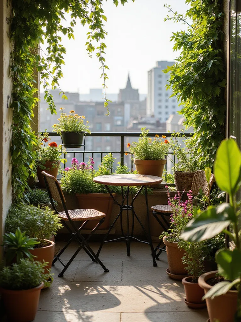 Balcony apartment decorated with a variety of potted plants.