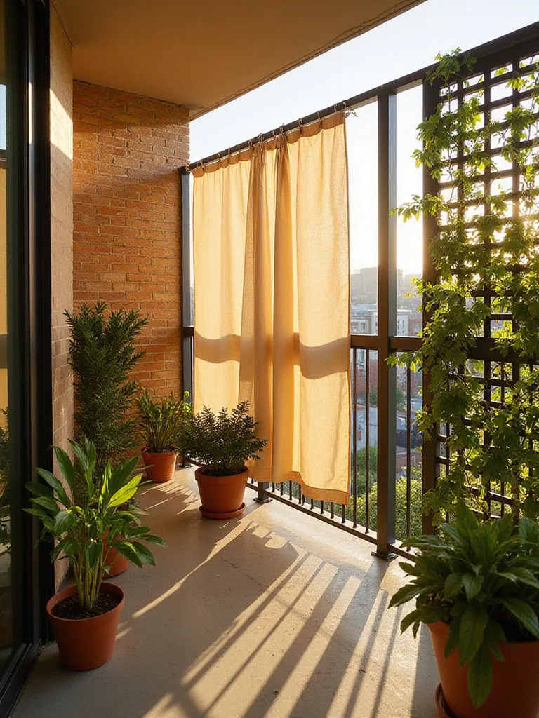 Balcony privacy screens made of bamboo, fabric, and lattice create a secluded outdoor oasis.