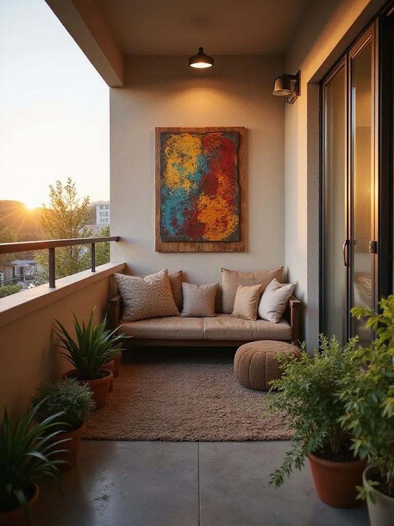 Balcony with colorful metal wall art and cozy seating.