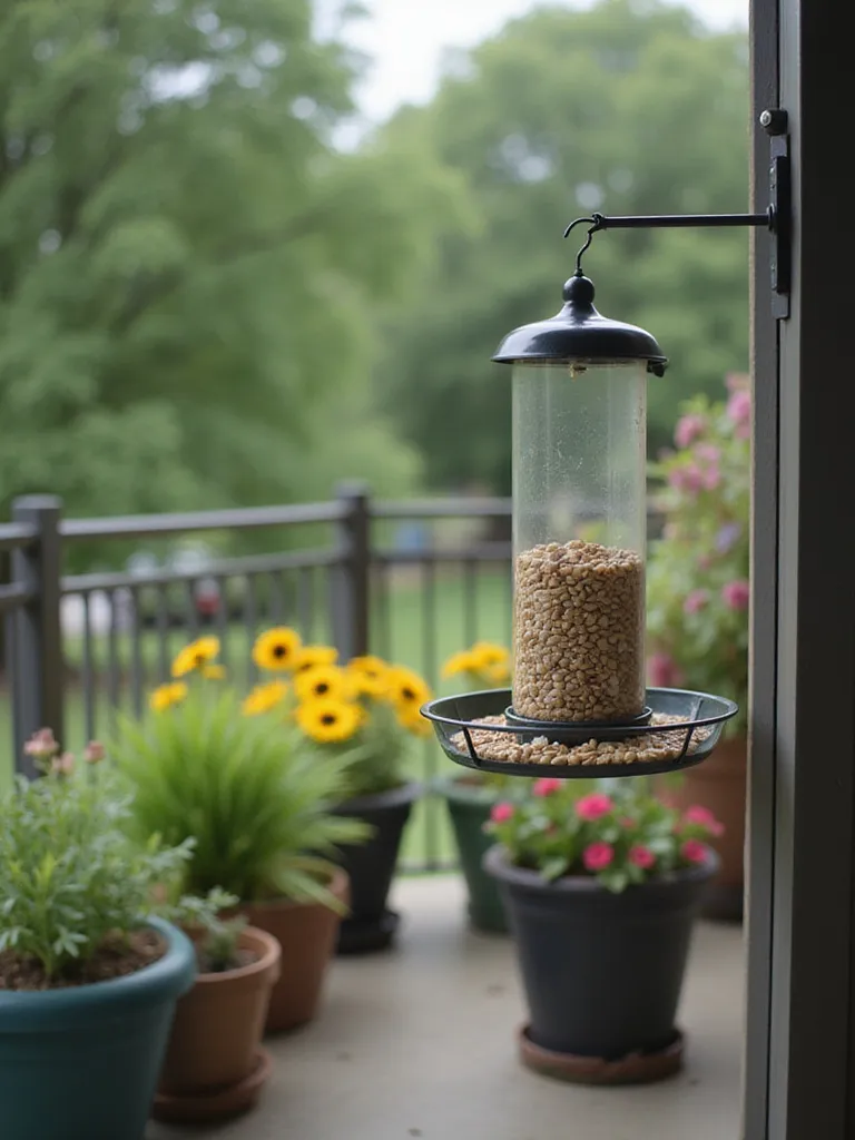 Bird feeder hanging on apartment balcony with potted plants in the background