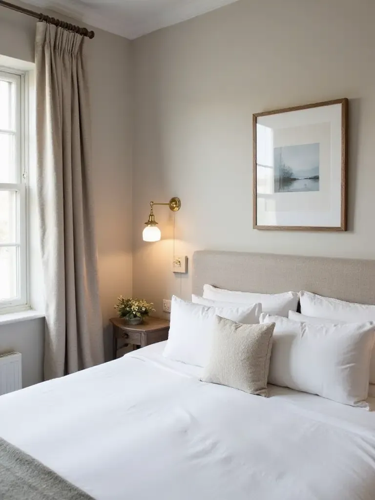 Bedroom with artwork illuminated by a picture light