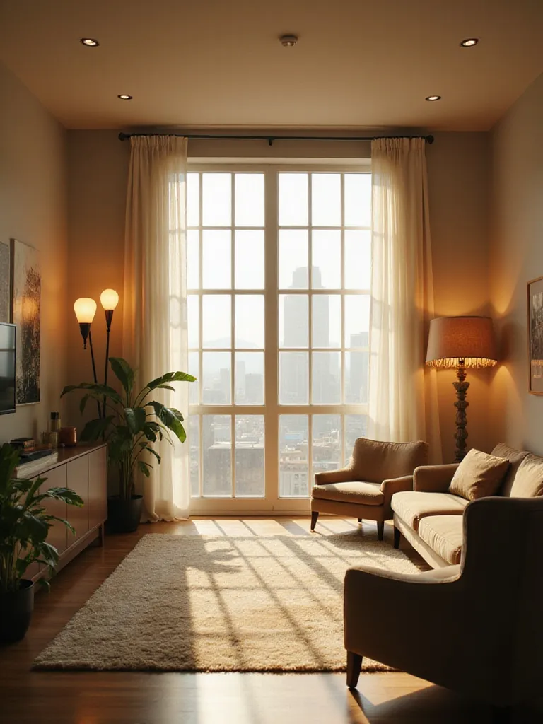 Modern living room with layered lighting: natural sunlight, floor lamp, recessed lighting, and table lamp