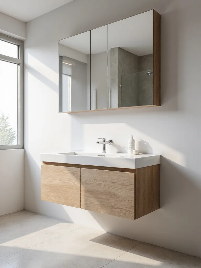 Modern minimalist bathroom with floating vanity and large mirrored cabinet, showcasing clever hidden storage solutions.