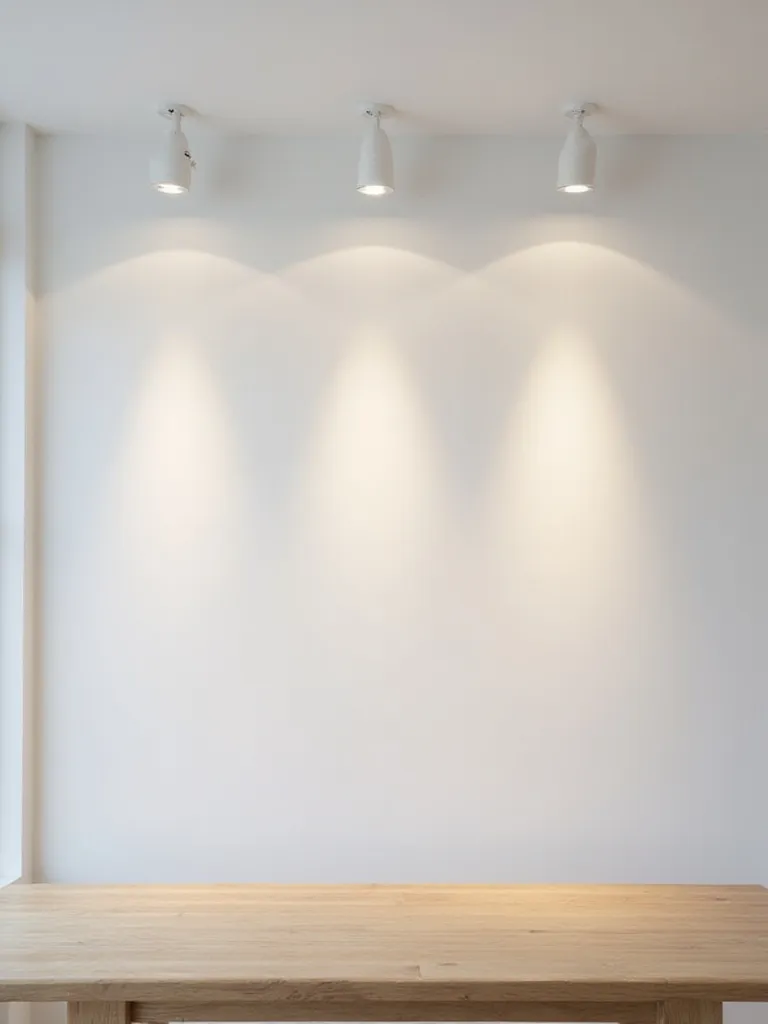 Modern kitchen dining area with subtle ambient light from recessed ceiling fixtures positioned over a wooden table. The scene shows the clean look of integrated lighting.