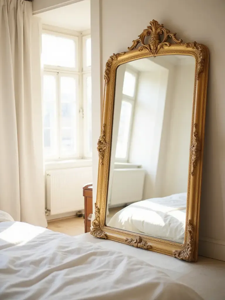 Bedroom interior with large mirror reflecting light and creating a sense of space