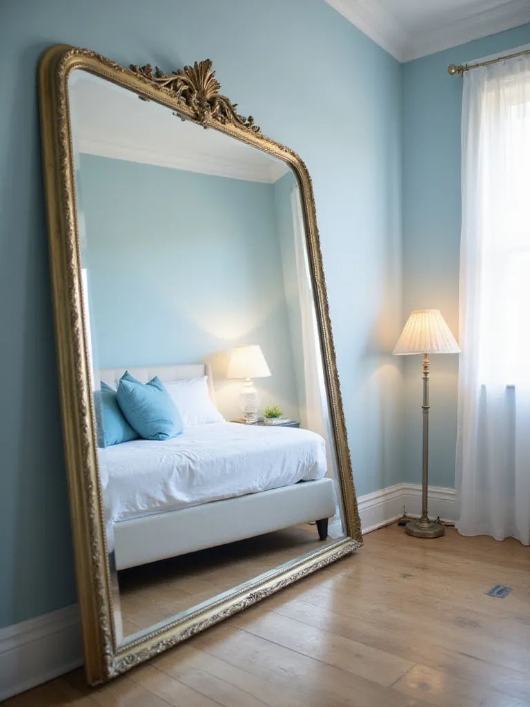 Blue-tinted decorative mirror leaning against a blue bedroom wall.