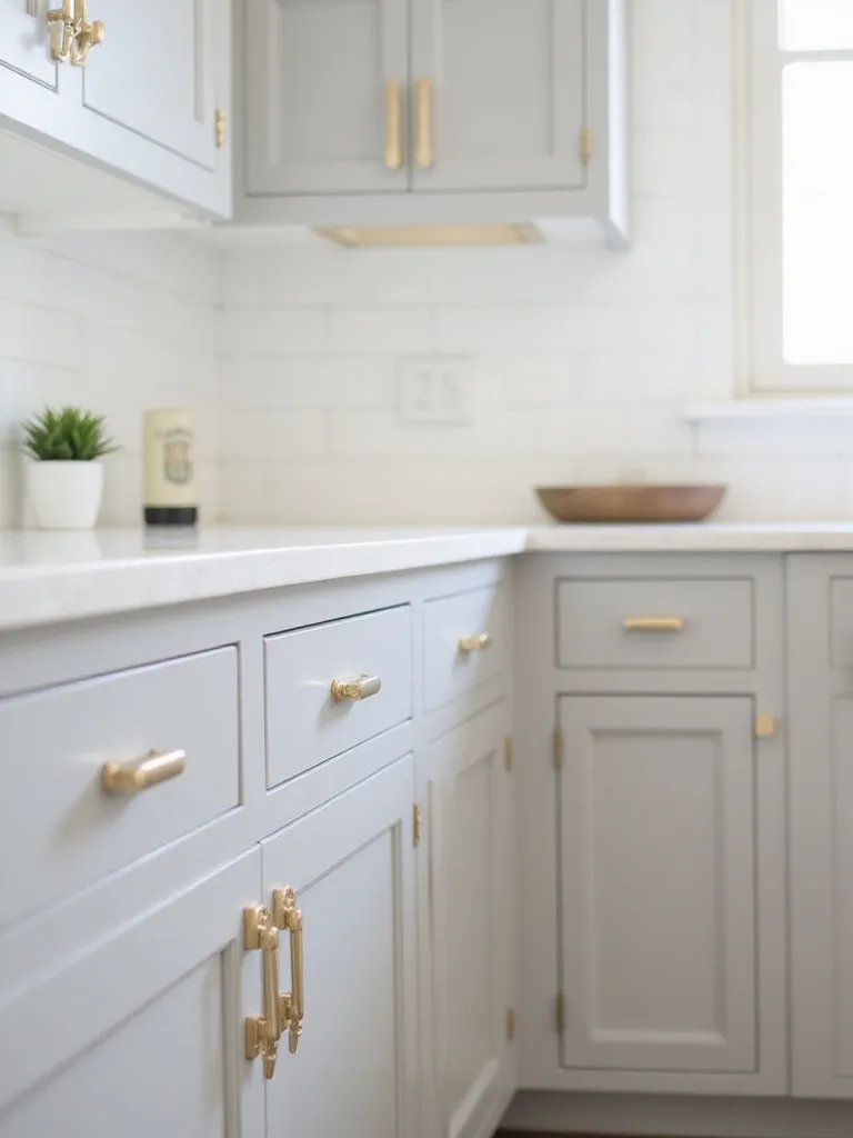 Updated kitchen cabinets with stylish brushed gold hardware.