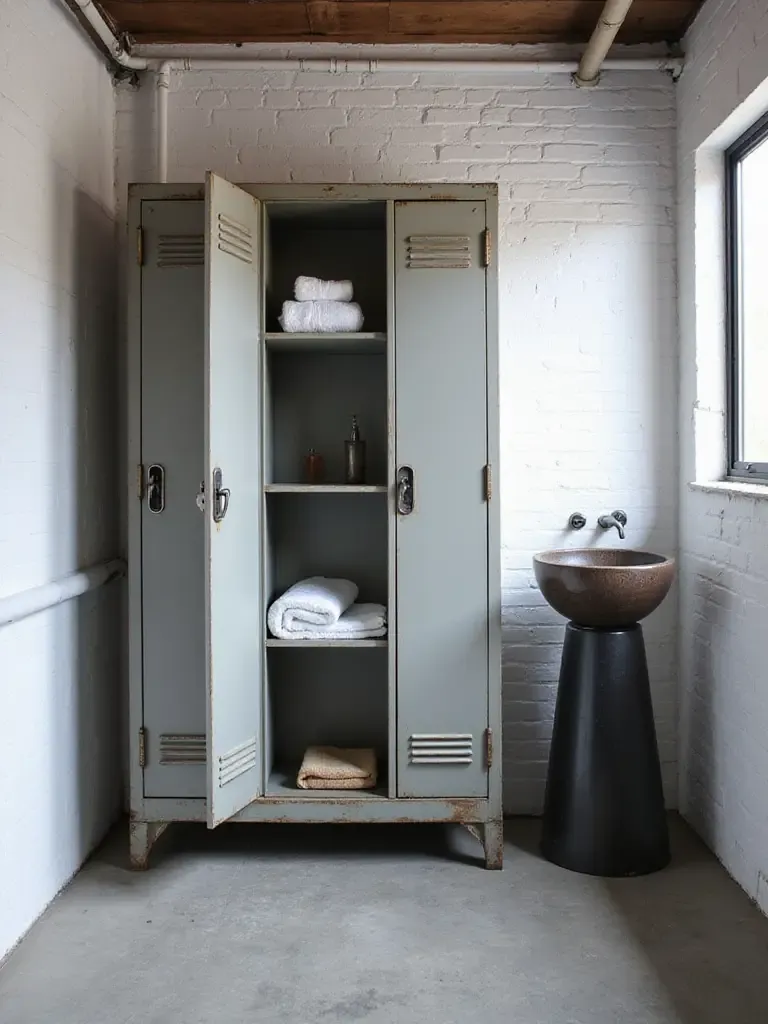 Industrial bathroom featuring repurposed metal lockers for storage.