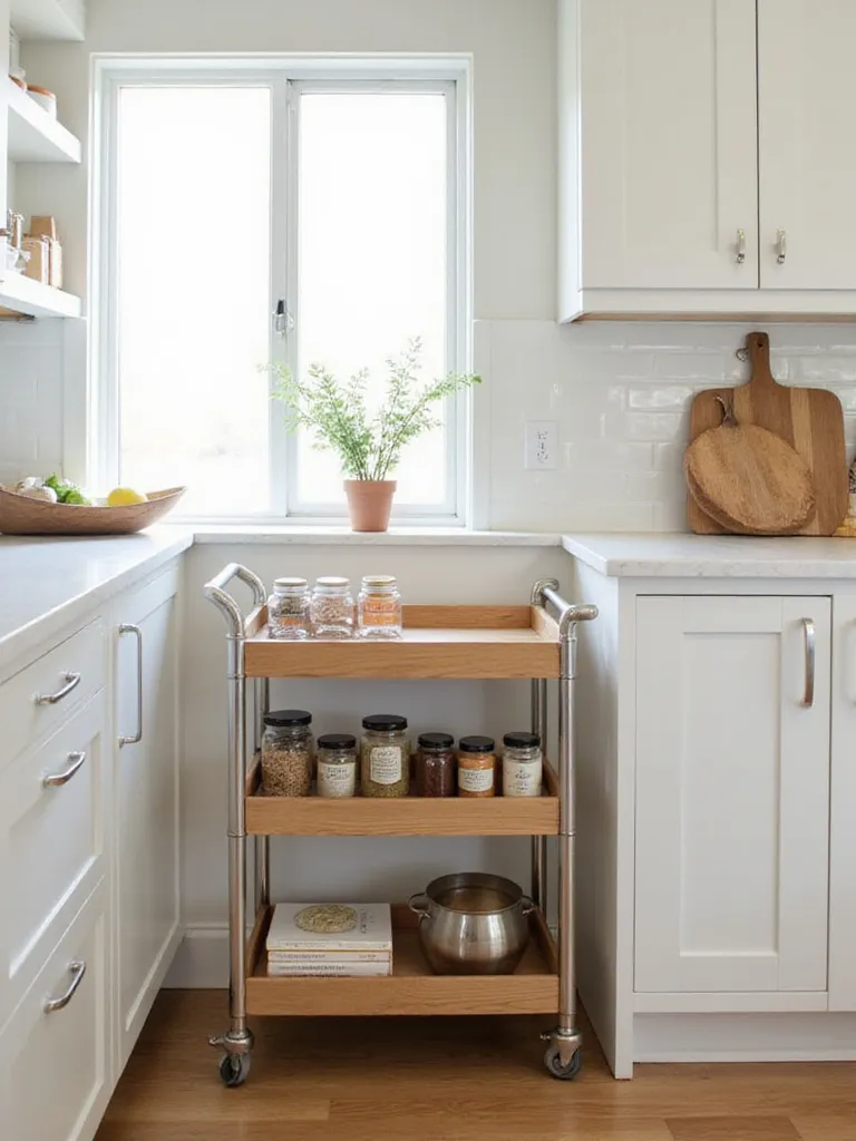 Small kitchen with a rolling kitchen cart providing extra storage and workspace.