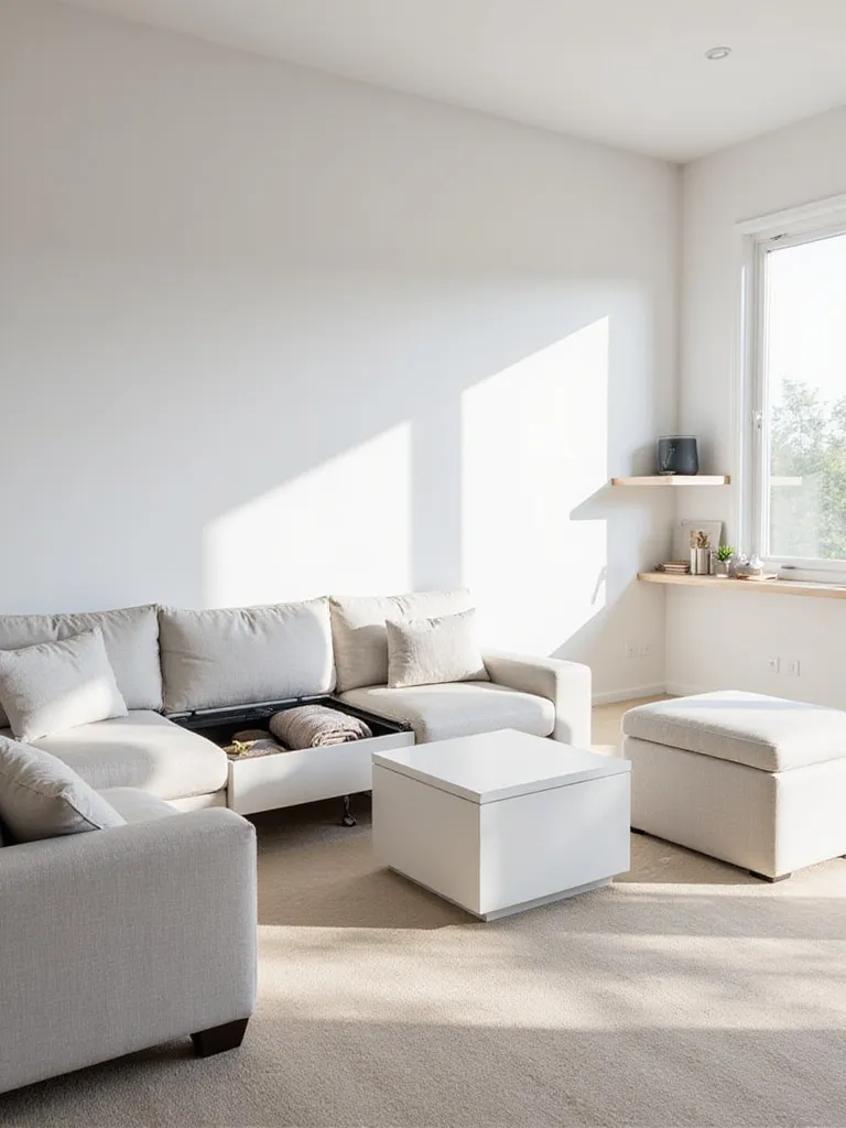 Minimalistic living room featuring a lift-top coffee table and storage ottoman to maximize space.
