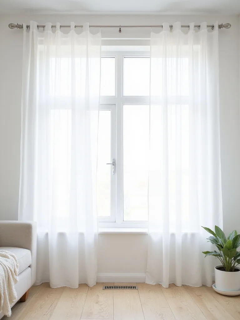 Minimalist living room with sheer white curtains allowing natural light