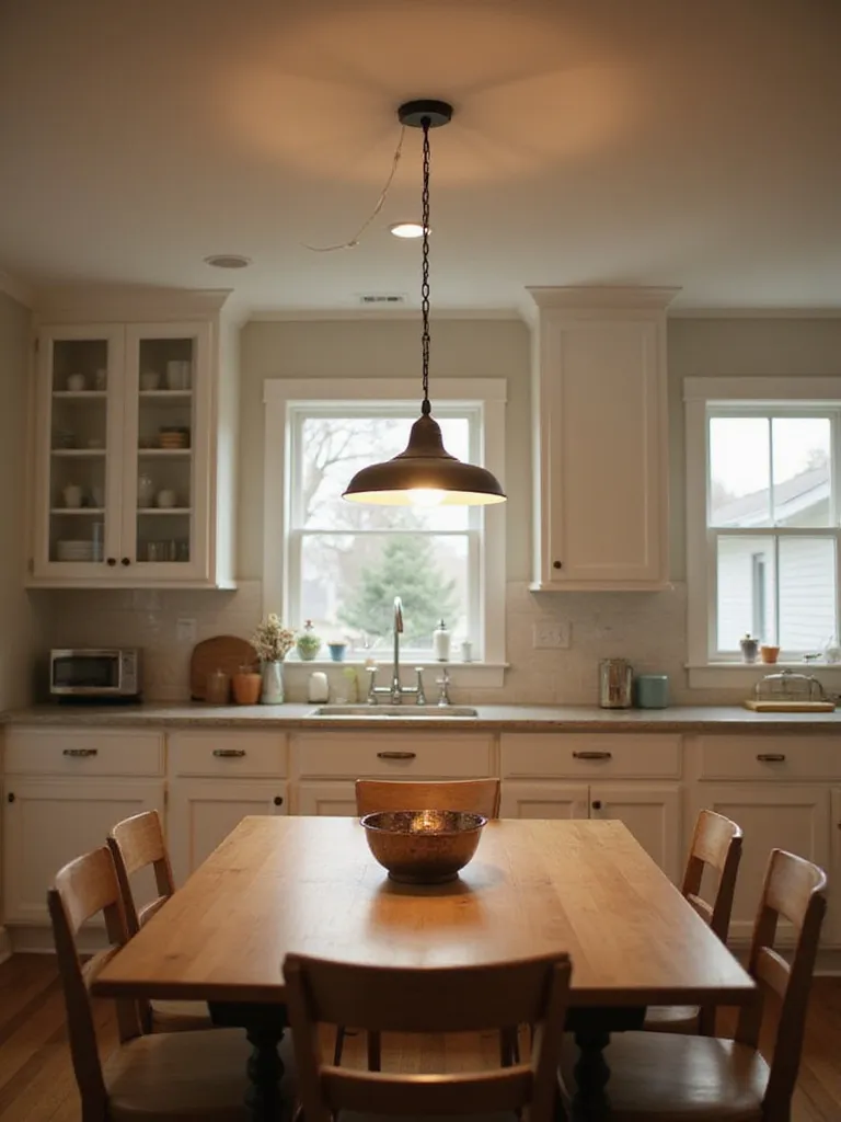 Stylish semi-flush mount light fixture hanging above a kitchen dining table, casting a warm glow in a modern kitchen.