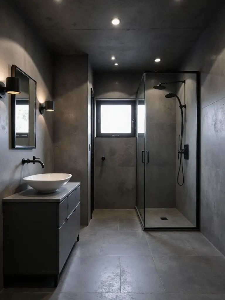 Industrial bathroom with dark grey walls, gunmetal fixtures, and slate tile flooring.