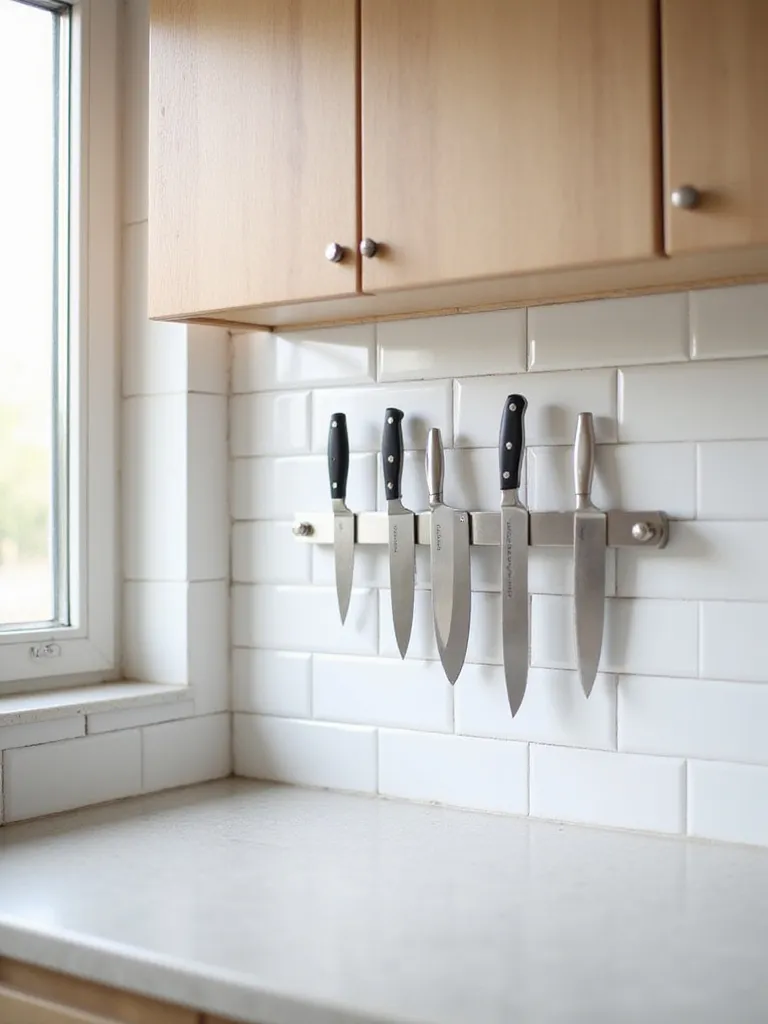 Magnetic knife strip mounted on a kitchen backsplash holding various knives.