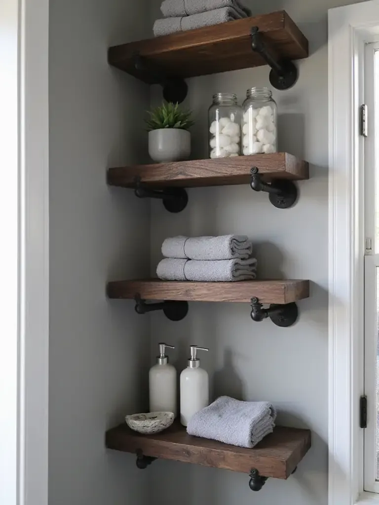 Industrial bathroom with open shelving displaying towels, jars, plants, and soap.