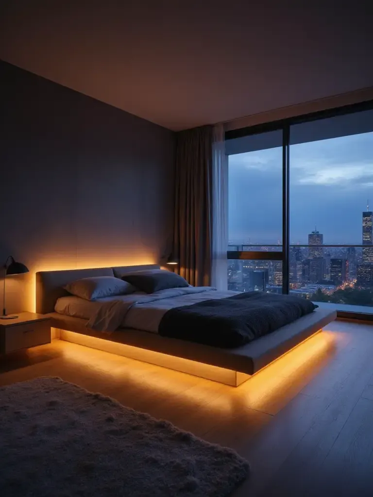 Modern bedroom with smart lighting creating a relaxing and ambient atmosphere