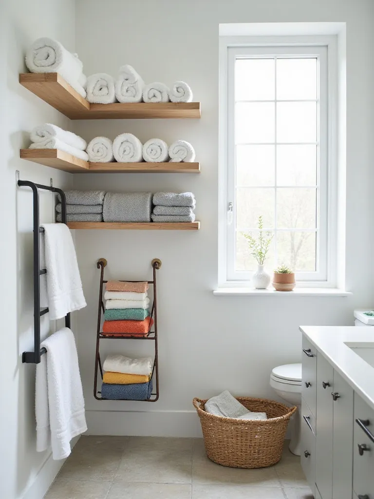 A modern bathroom showcasing various smart towel storage solutions including rolled towels on floating shelves, folded towels on a wall rack and ladder shelf, and washcloths in a basket.