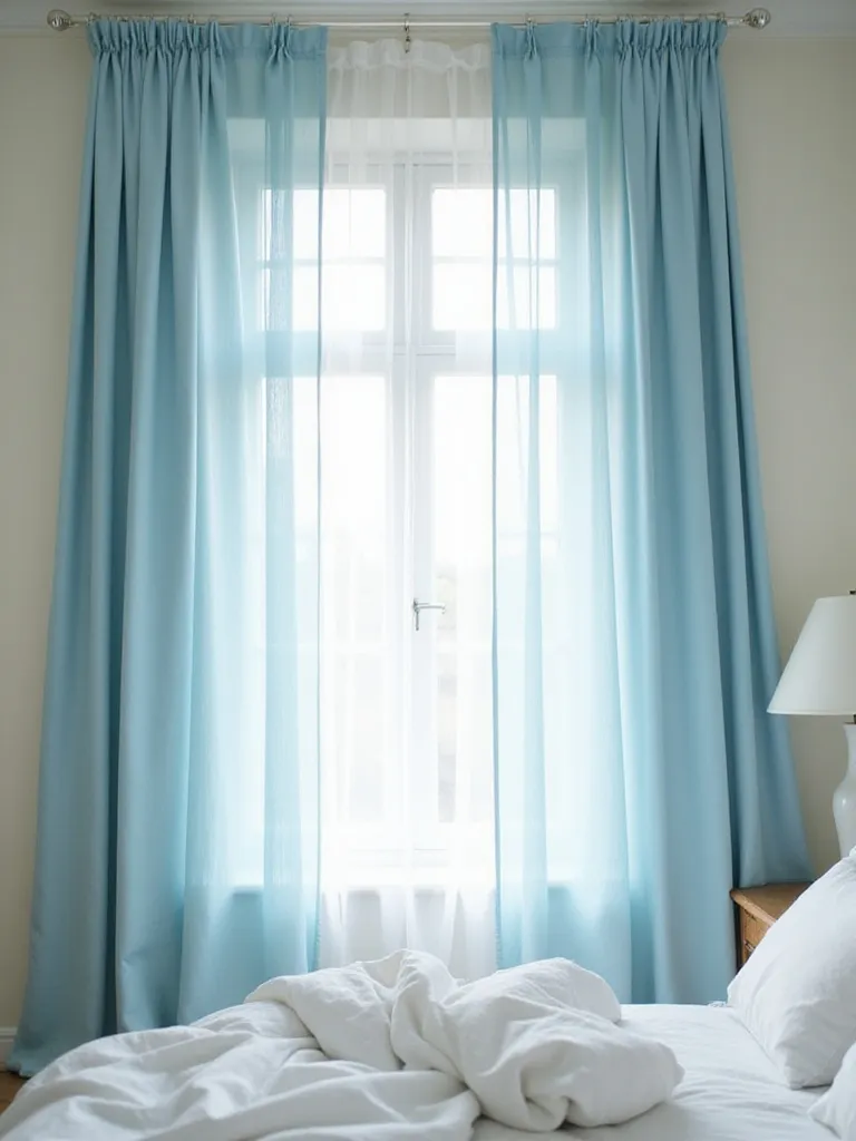 Bedroom with sheer blue curtains creating an airy and calming atmosphere