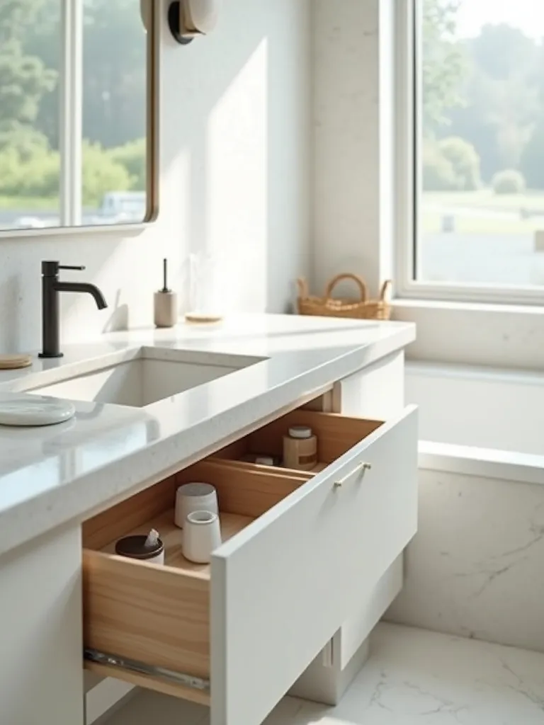 A clean, minimalist bathroom counter and open drawer showcasing organized, essential toiletries after decluttering, emphasizing spaciousness and calm.