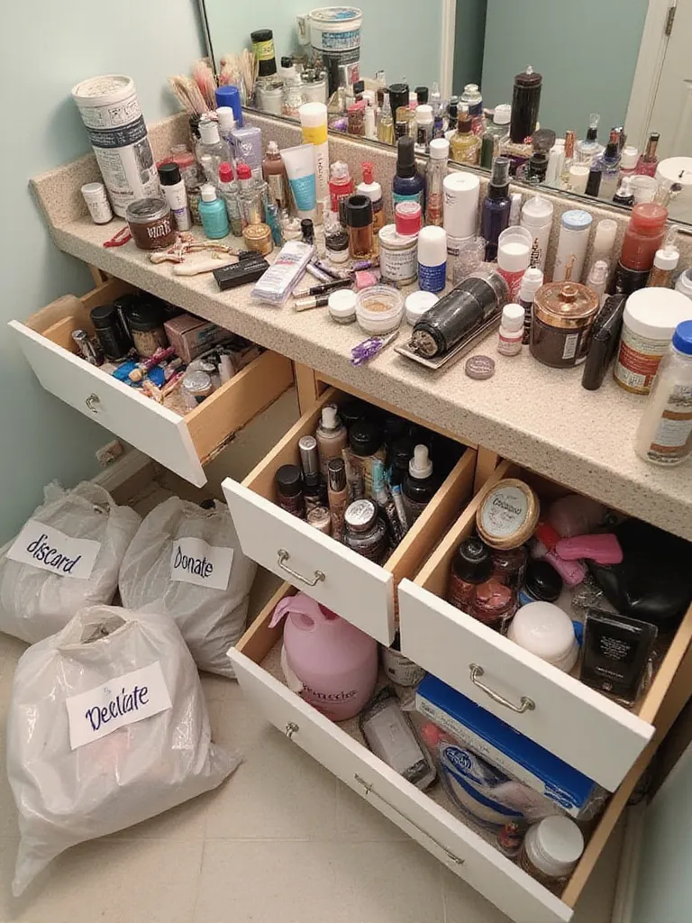 A cluttered bathroom vanity and open drawers filled with toiletries, alongside sorting bins on the floor, illustrating the first step of a ruthless decluttering session.