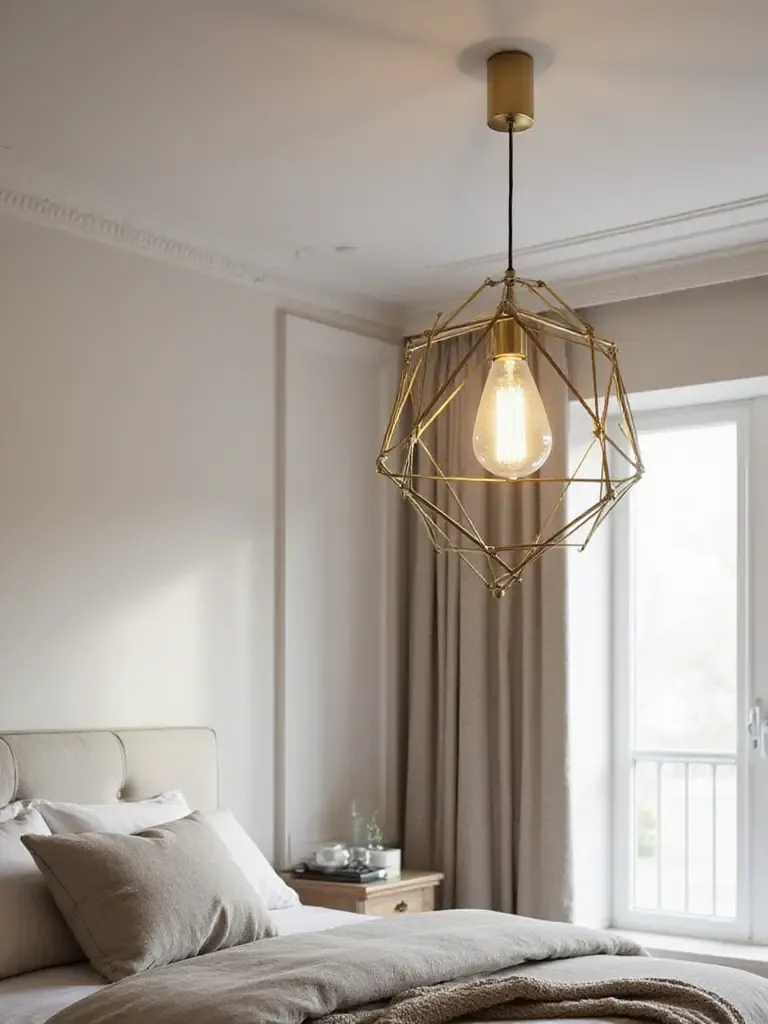 Modern bedroom interior featuring a statement geometric pendant light hanging above the bed.
