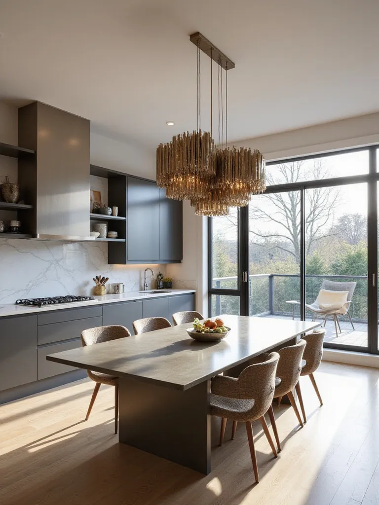 Large geometric metal chandelier hanging over a modern dining table in a bright kitchen.