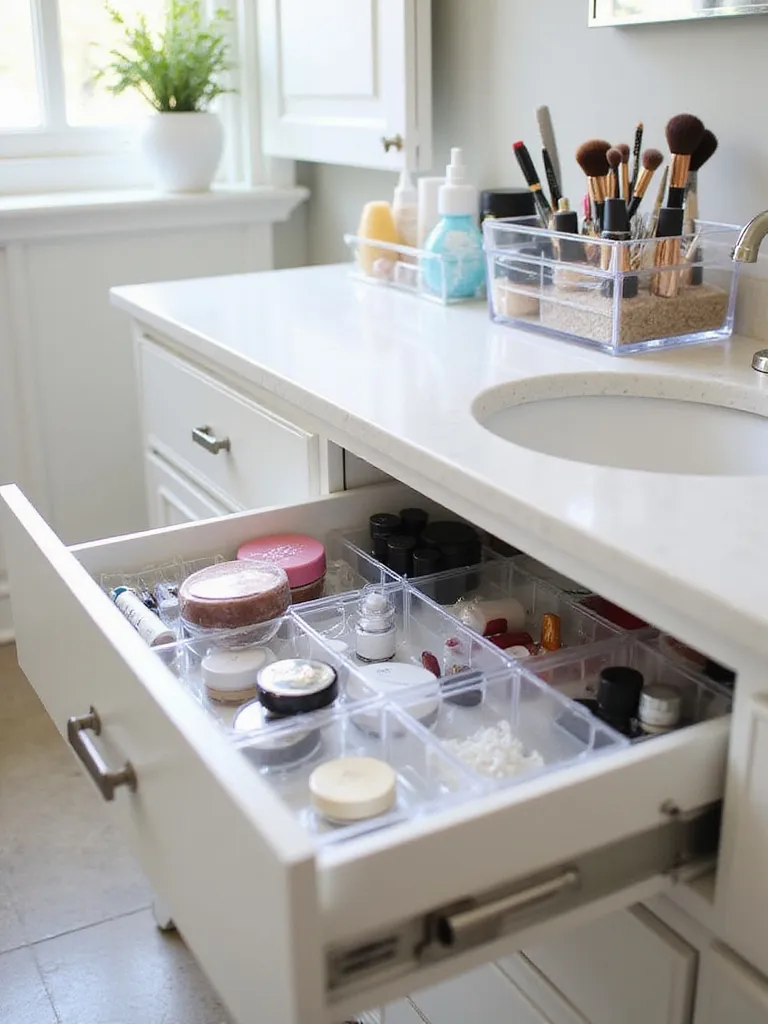 Organized makeup and toiletries in a bathroom featuring clear acrylic containers and drawer dividers.