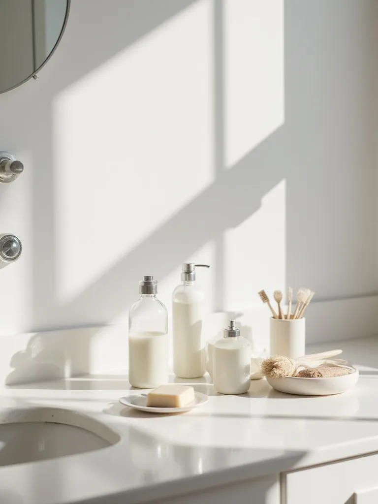 A minimalist bathroom counter featuring a small, neatly arranged collection of essential personal care products in simple, aesthetic containers.