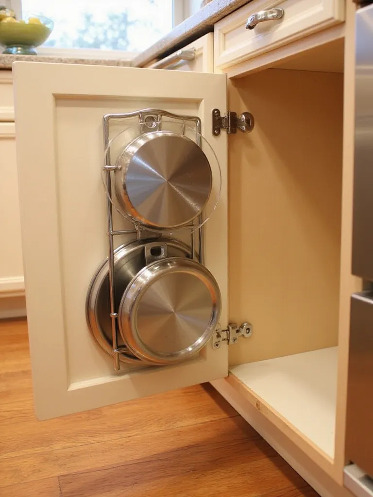 Pot lids neatly organized on a door-mounted holder inside a kitchen cabinet.