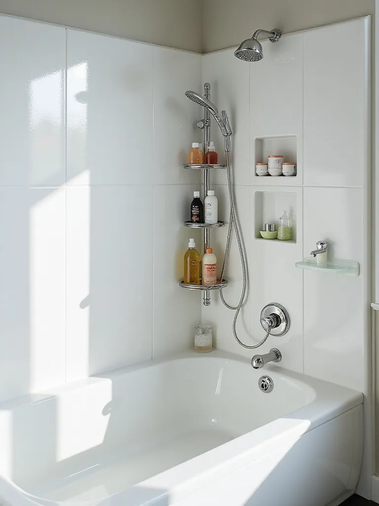 An organized modern shower and bathtub area featuring a tension pole caddy, corner shelves, and wall-mounted dispensers, showcasing clever storage solutions for taming shower clutter.