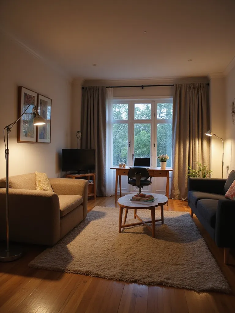 Living room with separate areas for reading, working, and crafting, each well-lit with task lighting.