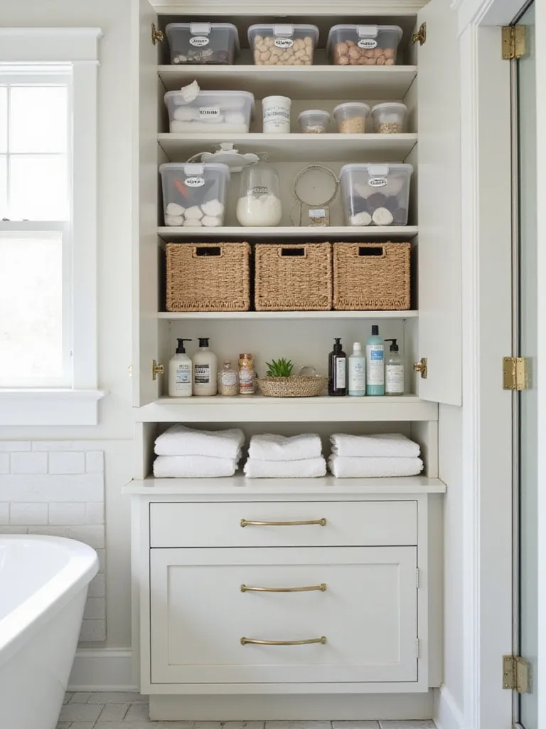Organized bathroom cabinet shelves with clear bins and baskets, each clearly labeled to show contents like 'Skincare', 'Hair', and 'First Aid'.