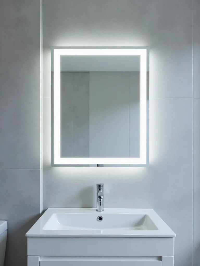 Bathroom vanity with rectangular mirror featuring integrated LED lighting.