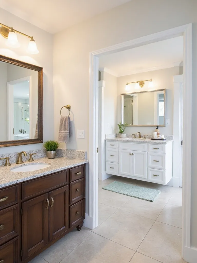 Traditional and contemporary vanity light bars illuminating separate bathroom vanities.