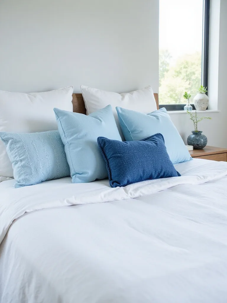 Blue throw pillows in various shades and textures arranged on a white linen bed.