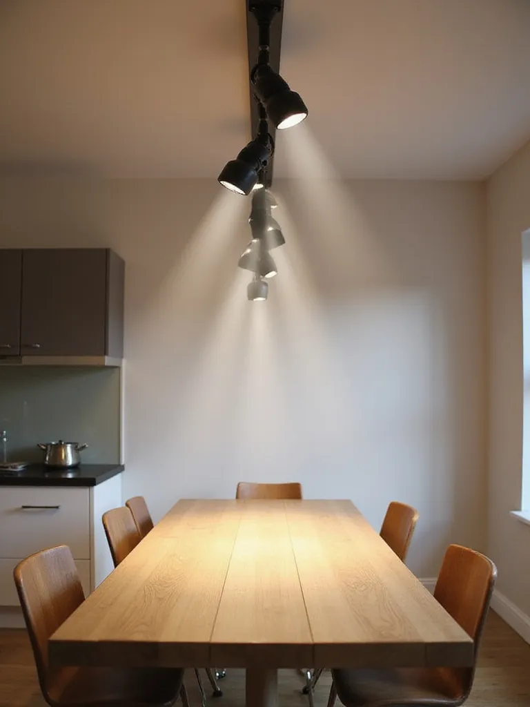 Track lighting system mounted on the ceiling over a kitchen table, with adjustable light heads directing focused beams onto the table surface.