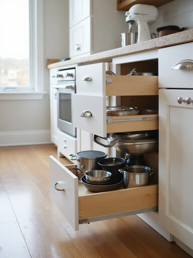 Deep kitchen cabinet with pull-out drawers filled with organized pots, pans, and appliances.