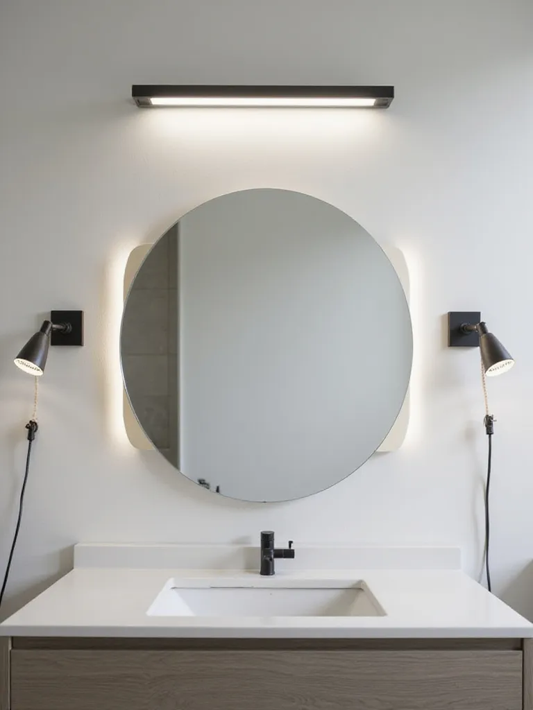 Bathroom vanity with hardwired LED light bar and plug-in sconce above the mirror.