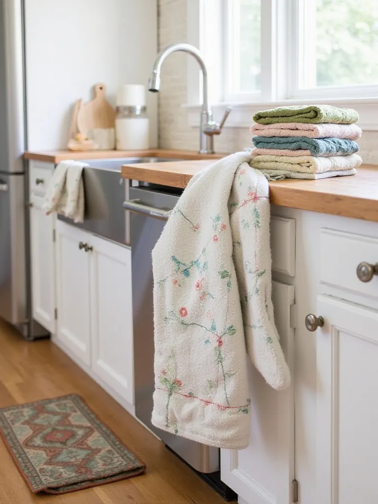 Kitchen counter with stacked dish towels, oven mitt hanging from cabinet, and patterned kitchen rug.