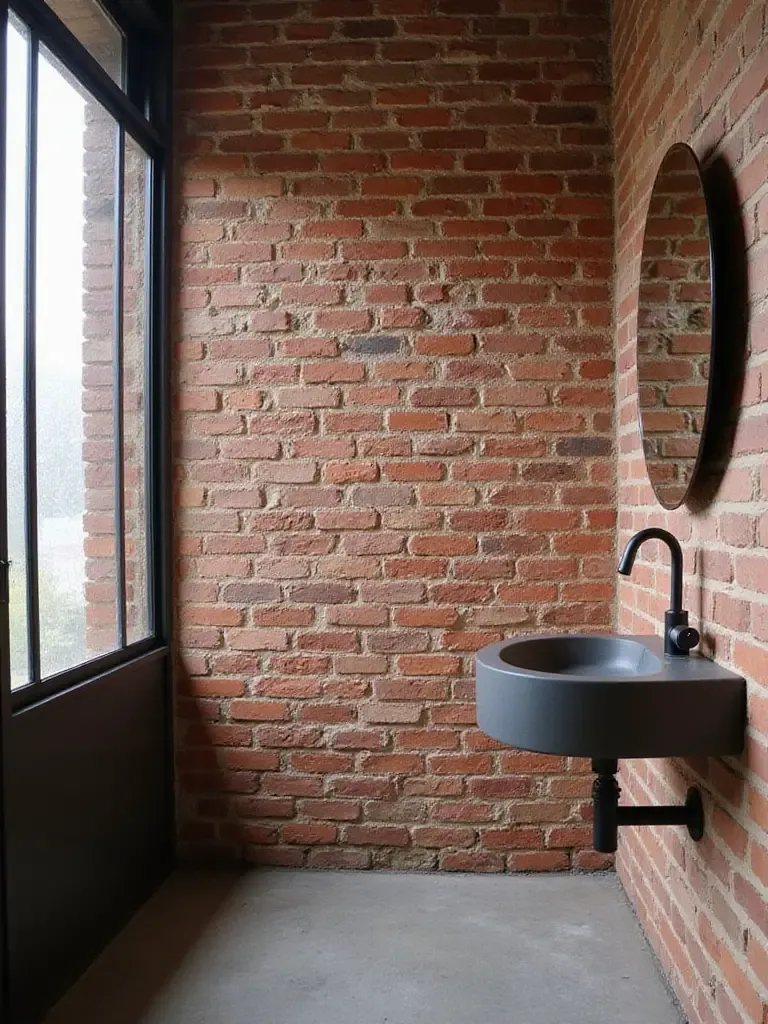 Industrial bathroom with exposed brick wall, metal-framed shower, and concrete floor