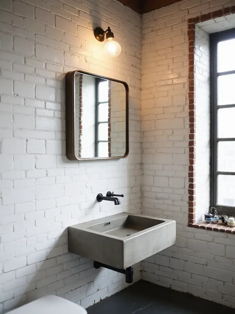 Industrial bathroom with white subway tile and dark grout