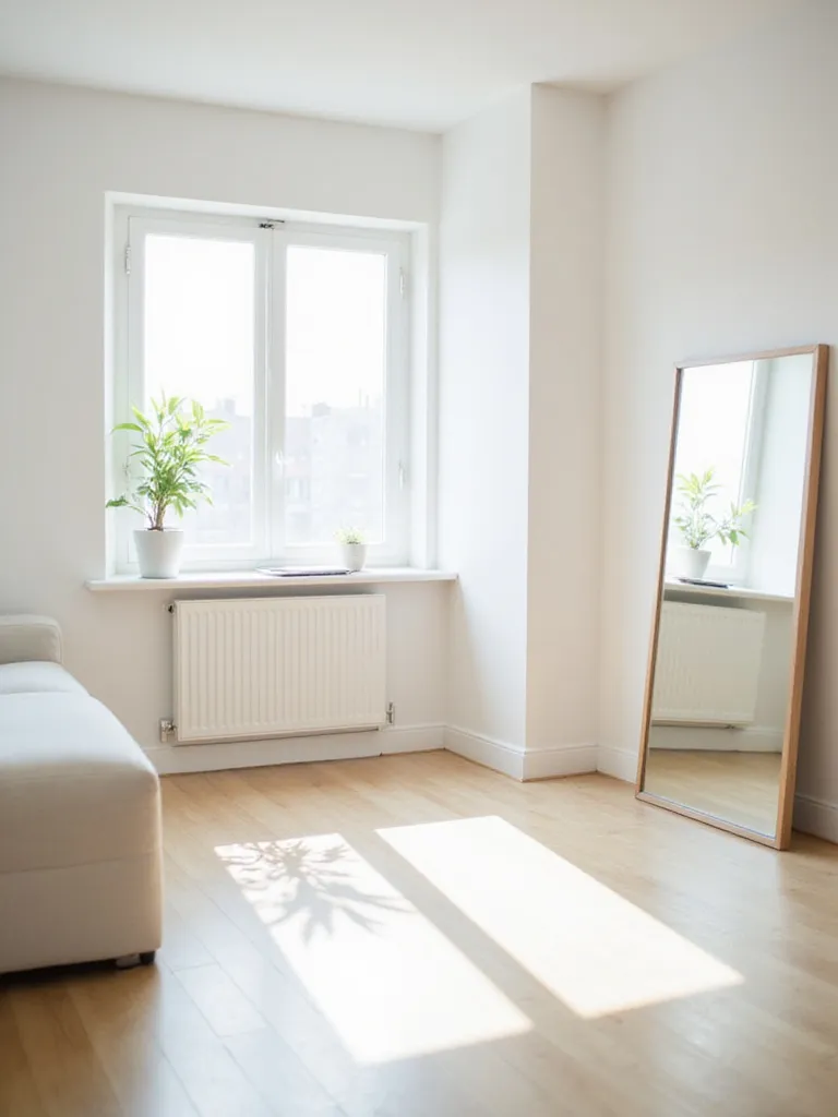 Minimalist living room with large frameless mirror reflecting natural light and creating spaciousness